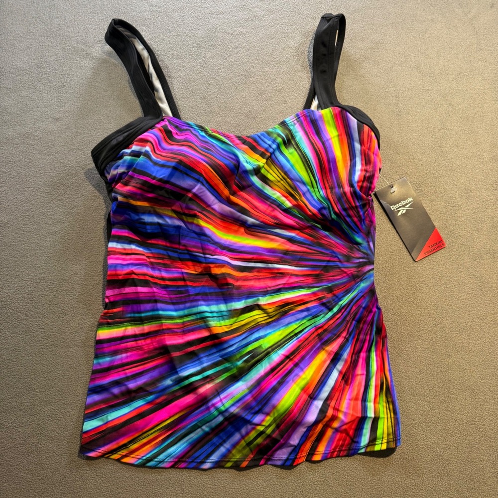 Reebok Womens Tankini Essentials Swim Top Multi Color Stripe 782832 Size 14 NWT